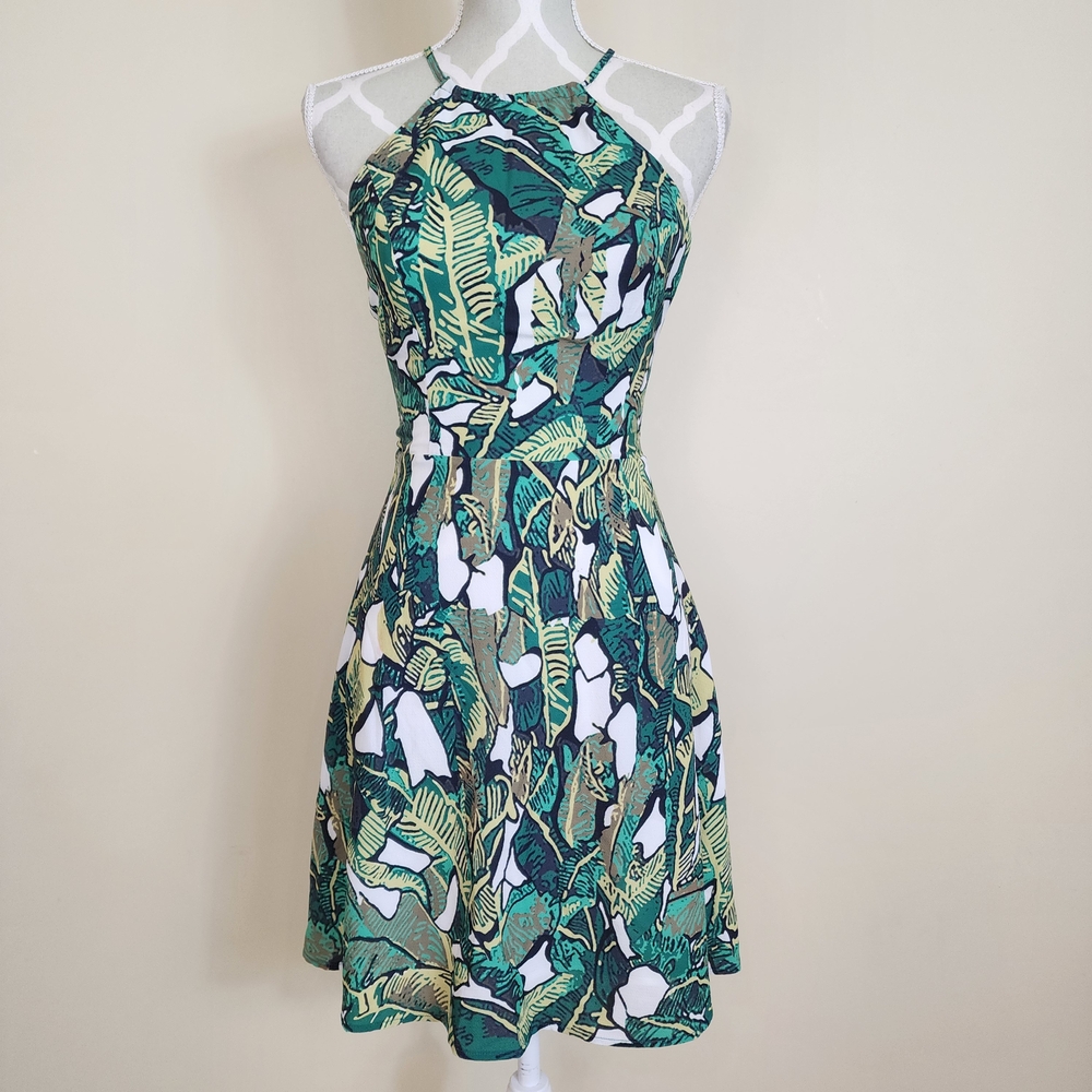 Tropical Green Halter Dress Size XS Open Back Summer Print